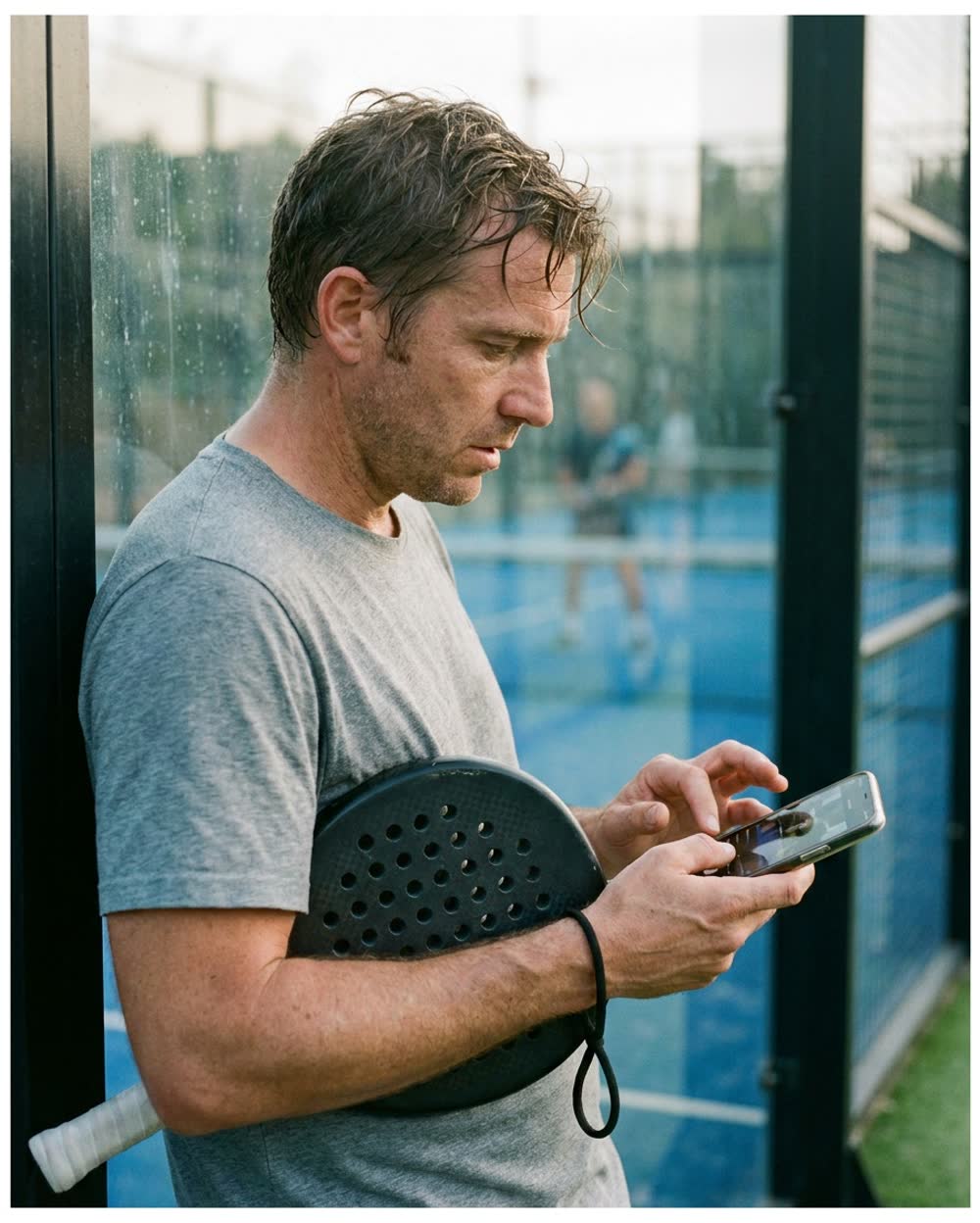 A padel coach leaning on the court glass after a session, scrolling through a player's clip on his phone